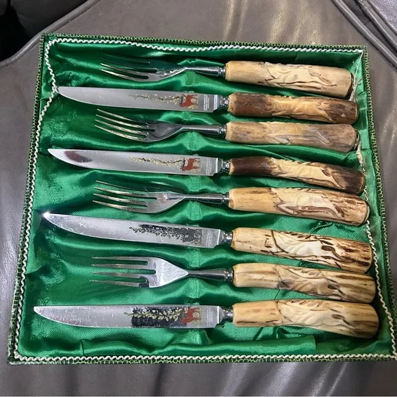 💥SOLD💥 Anton Wingen Solingen Germany Carved Antler 8pc Knife Fork Set Flatware - Picture 9 of 13